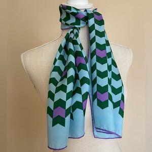 Vintage 60s Mod Silk Scarf Hand-Rolled Blue Green Purple Chevron
